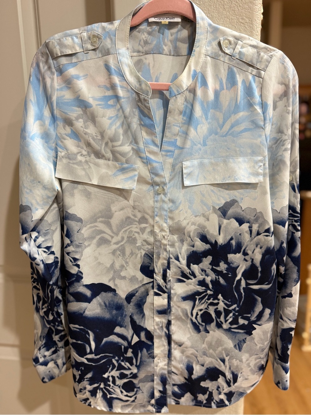 Calvin Klein White and Blue Floral Button-Front Shirt